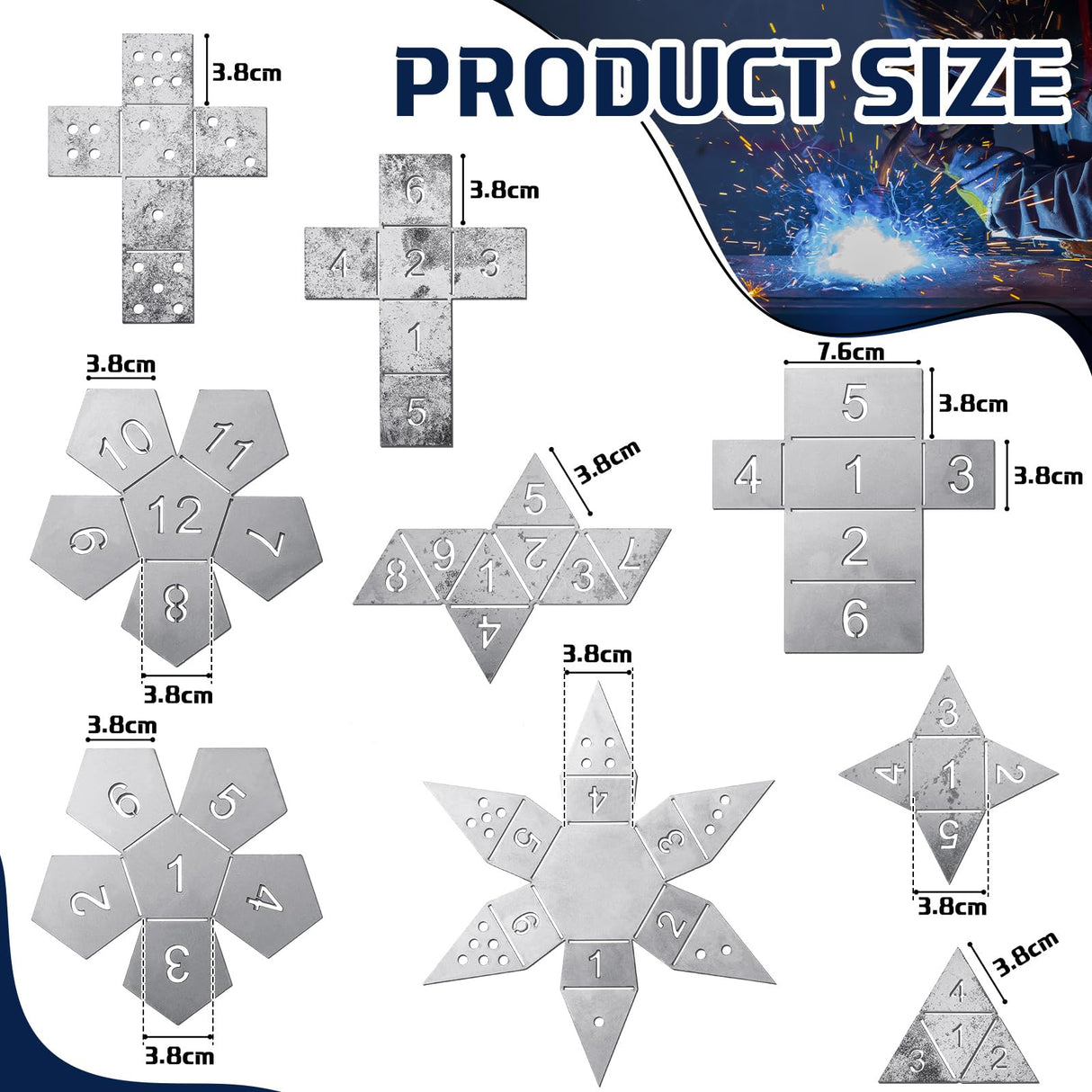 Therwen 9 Pieces Dice Welding Kit Welding Coupons DIY Welding Equipment Mild Steel Triangle Plate for Beginners TIG MIG Gas Arc Stick Welding Training Practice Accessories Tools, 8 Styles (1.5 Inch) Therwen