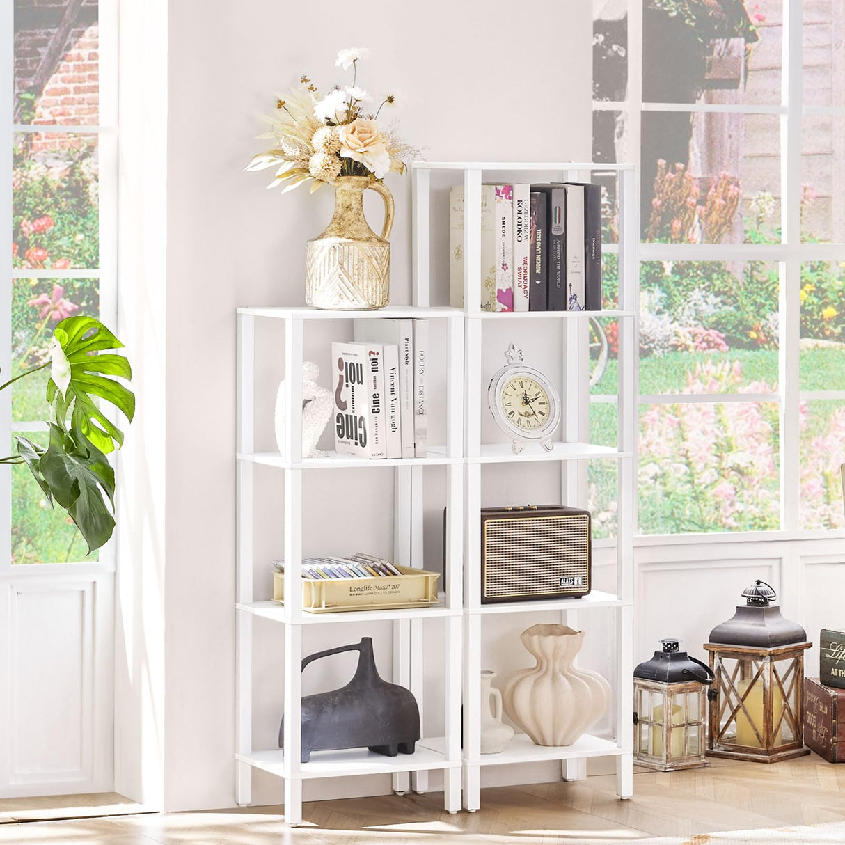 YUFAM 4 Tier Tall Wooden Bookshelf with Storage - Small White Bookcase for Small Spaces, Small Shelf for Living Room, Office, Bedroom, Kitchen - Industrial Modern Book Shelf YUFAM