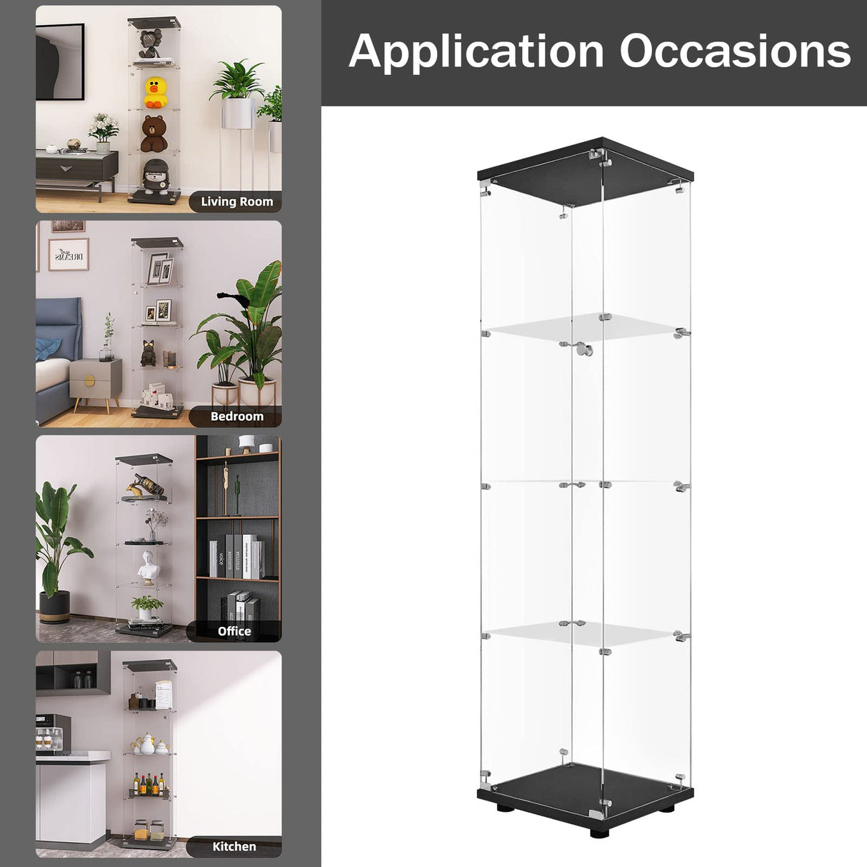 LFT HUIMEI2Y Glass Display Cabinet 4-Shelf with Door and Lock, Curio Cabinets Upgraded Quick-Install Style Tempered Glass Floor Standing Bookshelf for Bedroom, Living Room 65”x 17”x 14” Black LFT HUIMEI2Y
