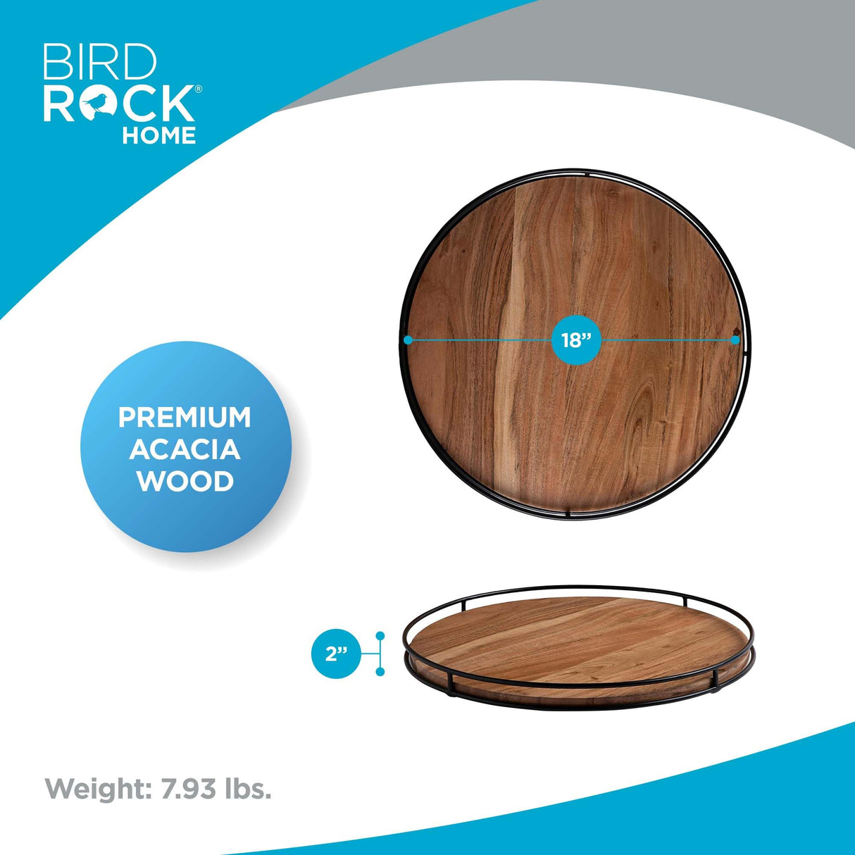 BIRDROCK HOME Wooden Lazy Susan Turntable - Countertop, Cabinet, and Table Organizer, Smooth Rotating Spice Rack, Iron-Edged Tray for Kitchen, Pantry and Dining, Rustic Wood Decor - Espresso, 18" BIRDROCK HOME