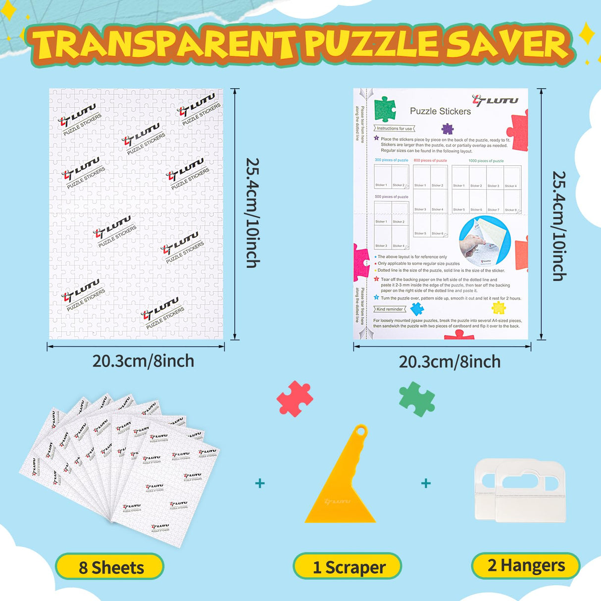LTLUTU Puzzle Saver Sheets Kit (8 Sheets) - Permanent Adhesive Backing to Protect Finished Puzzles for Framing, Includes 2 Self-Stick Hooks + Squeegee Tool, Puzzle Preservation Stickers for Adults LTLUTU