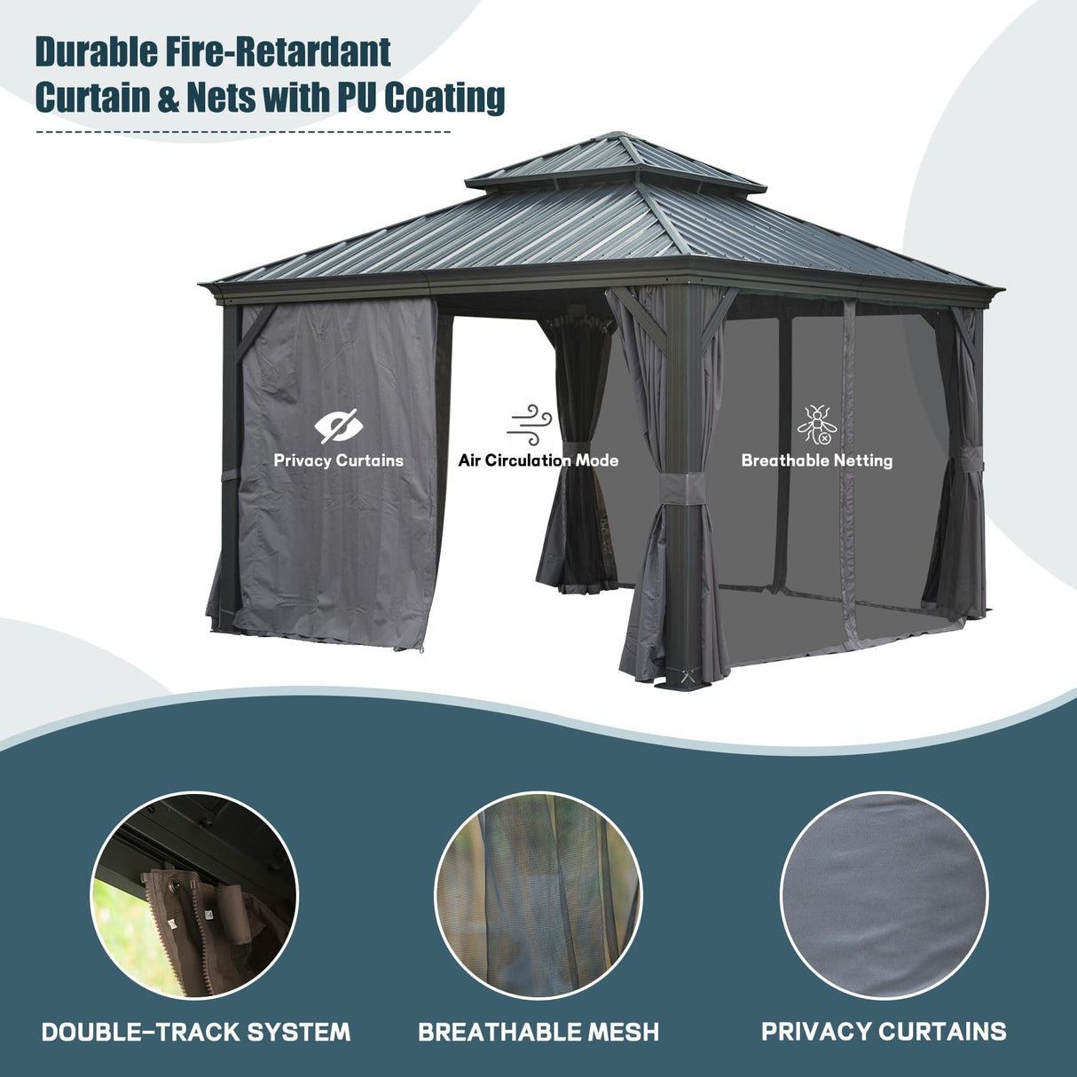 Domi 12' X 16' Hardtop Gazebo Outdoor Metal Gazebo with Galvanized Steel Double Roof Canopy, Aluminum Frame, Curtains and Netting for Patio, Deck, Garden, Grey domi outdoor living