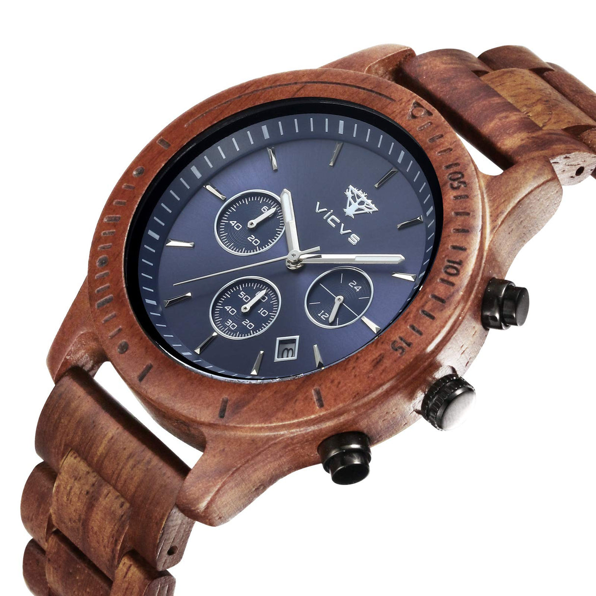 VICVS Men's Wooden Watch, 100% Natural Wood Watch, Japanese Quartz Movement with Date Display Chronograph Function, (Sandalwood) VICVS