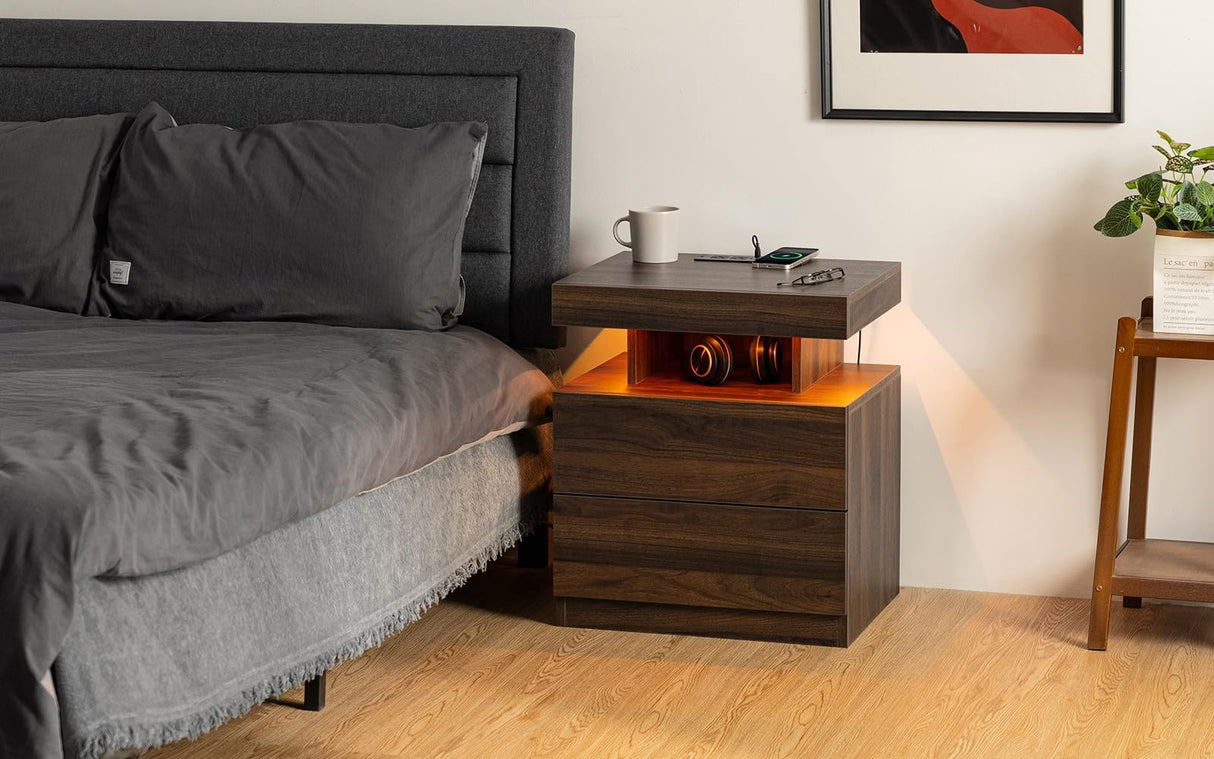 HOMMPA LED Nightstand with Wireless Charging Station Dark Walnut Wood Bedside Table with Led Light Smart Nightstand USB Port Type C Night Table with 2 Drawers Mid Century LED Night Stand for Bedroom HOMMPA