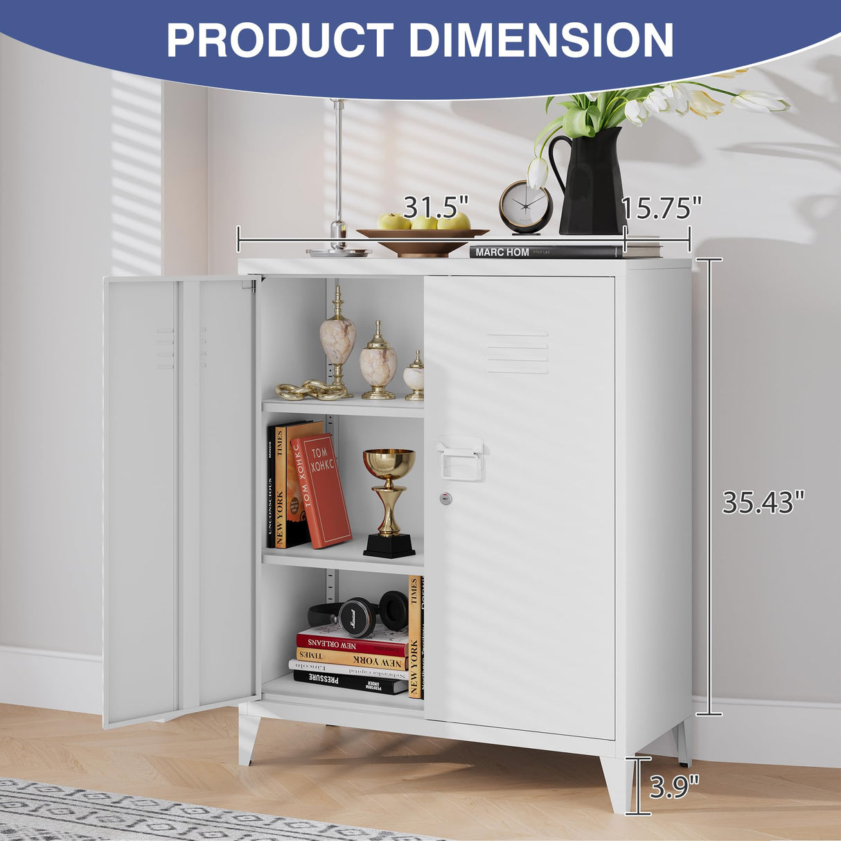 LISSIMO Metal Storage Cabinet, Home Office Cabinet with Doors and Adjustable Shelves,Locking Cabinet with Adjustabl Leg Levelers Assembly Required (White) LISSIMO