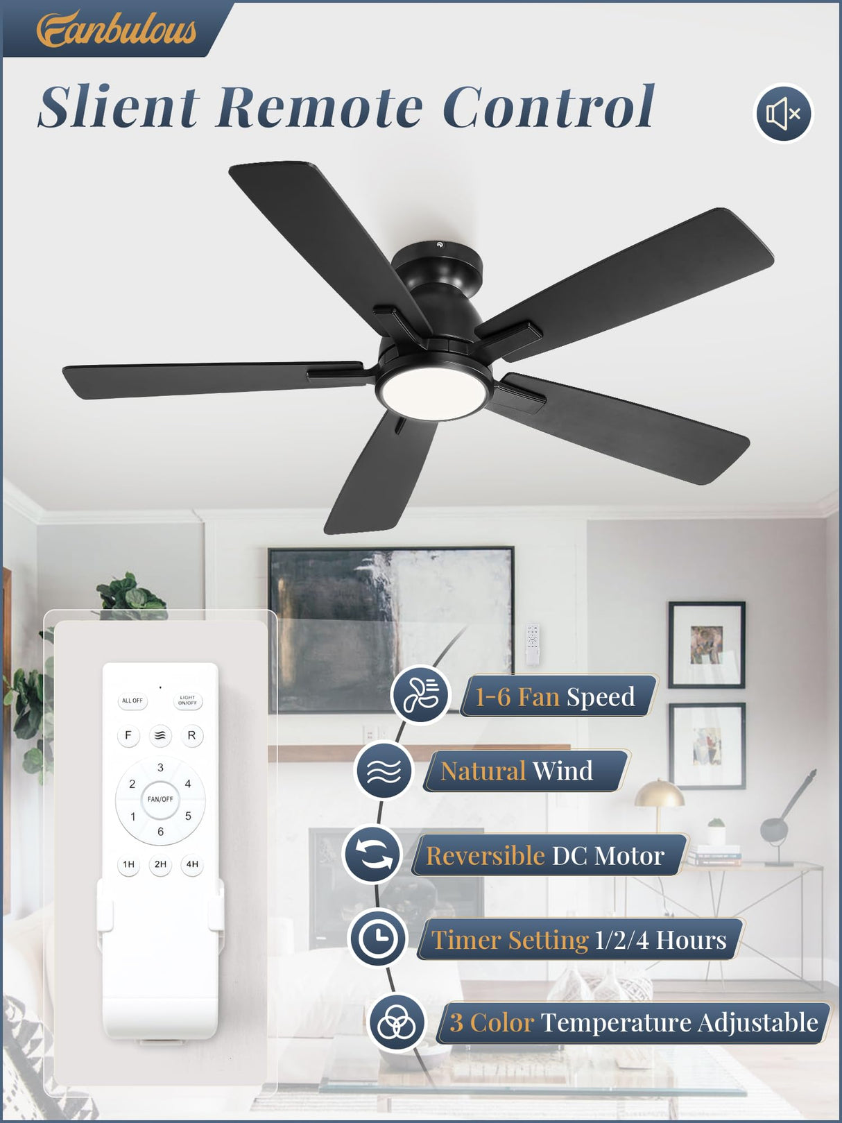 Fanbulous 46 Inch Ceiling Fans with Lights and Remote,Modern Indoor Low Profile Ceiling Fan with 3CCT 6-Speeds Quiet DC Motor,Outdoor Flush Mount Ceiling Fan For Bedroom Living Room(Black) Fanbulous