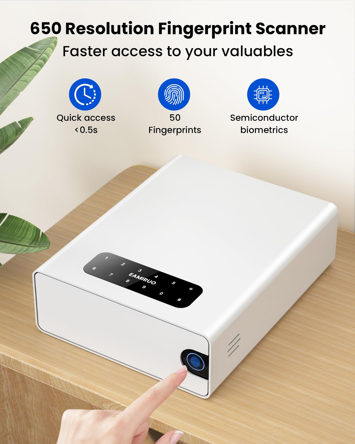 EAMIRUO Small Handgun Safe for Pistol Unlock with Fingerprint/Keypad/Key/App, Slide-Away Gun Lock Box Biometric Pistol Safe for Nightstand Bedside (White) EAMIRUO