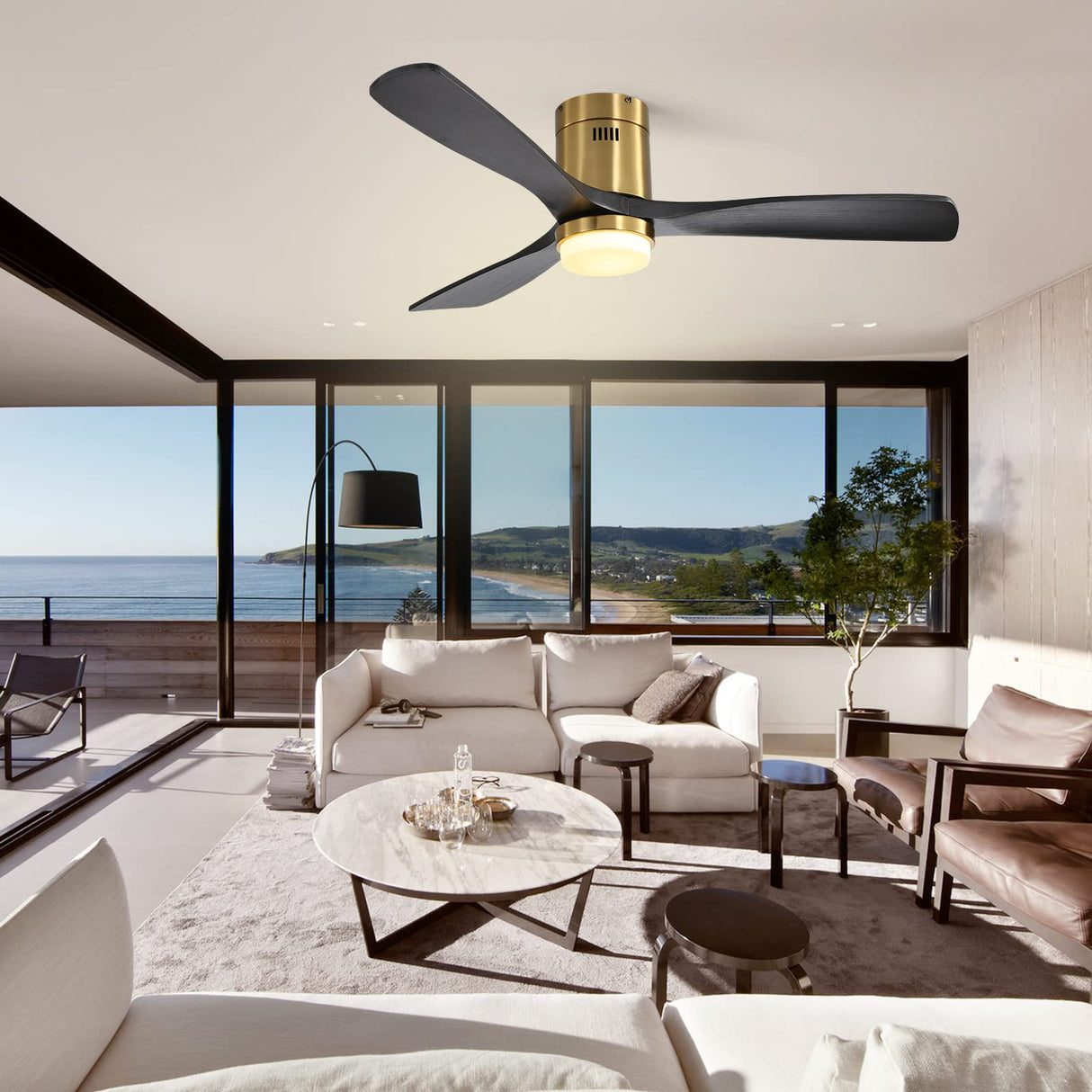 Sofucor Ceiling Fan With Lights 52 Inch Flush Mount Ceiling Fan with Remote Control, Wood Blades Modern Outdoor Ceiling Fan for Bedroom/Farmhouse/Patio/Indoor, Quiet DC Motor Sofucor