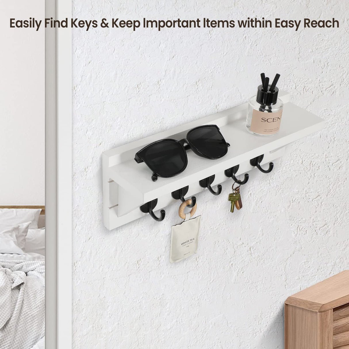 Lwenki Wall Key Holder with Shelf, Rustic Shelf with Hooks Made of Paulownia Wood Holds Keys, Dog Leash, Bags and More - 13.7" W x 4.7" H x 3.5" D Decorative Key Hanger and Entryway Shelf (White) Lwenki