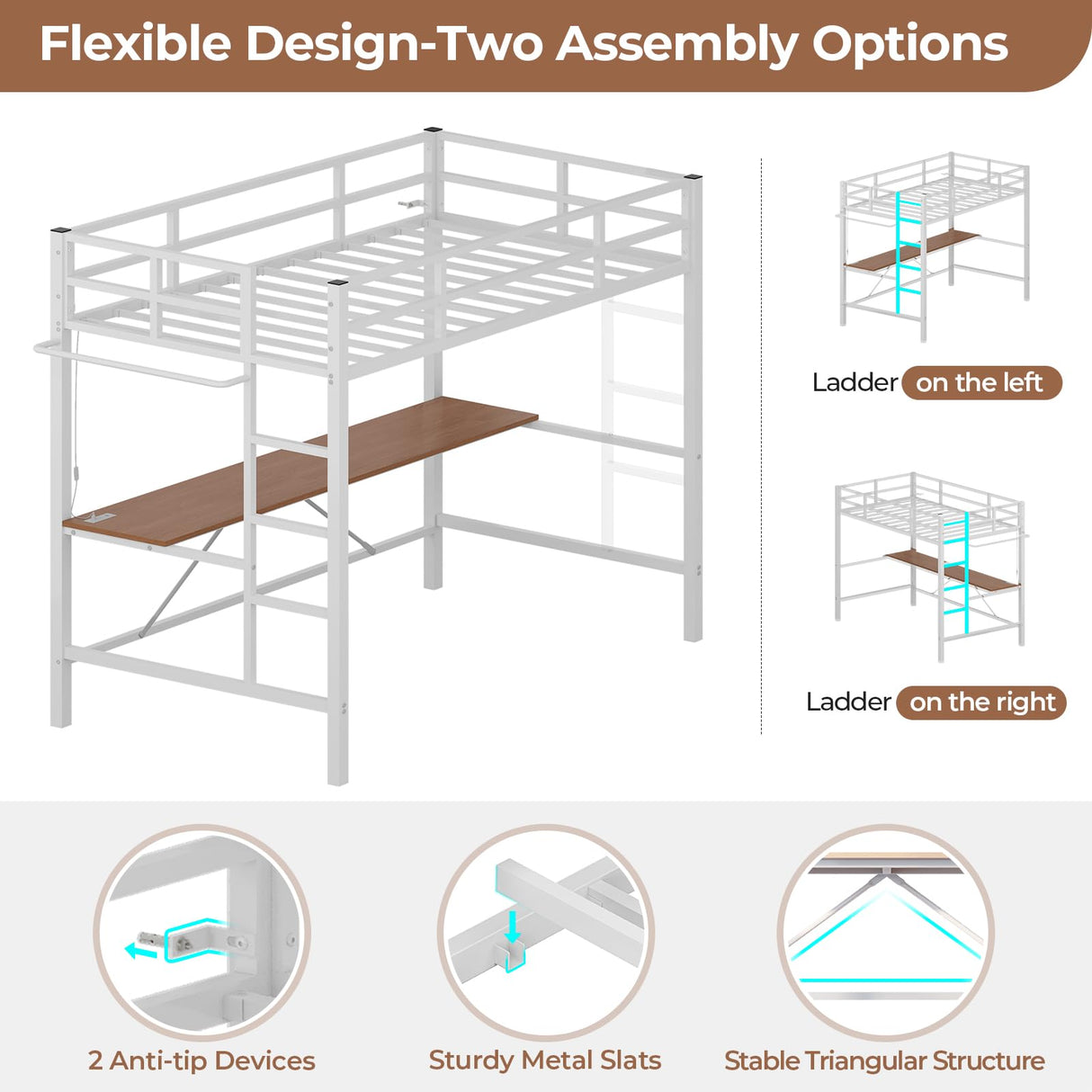 Hasuit Full Size Metal Loft Bed with Desk, LED Lights & Charging Station - Sturdy Space-Saving Bed Frame, Loft Bed Full Size Includes Safety Guard Rail & Ladder, No Box Spring Needed, Durable, White Hasuit