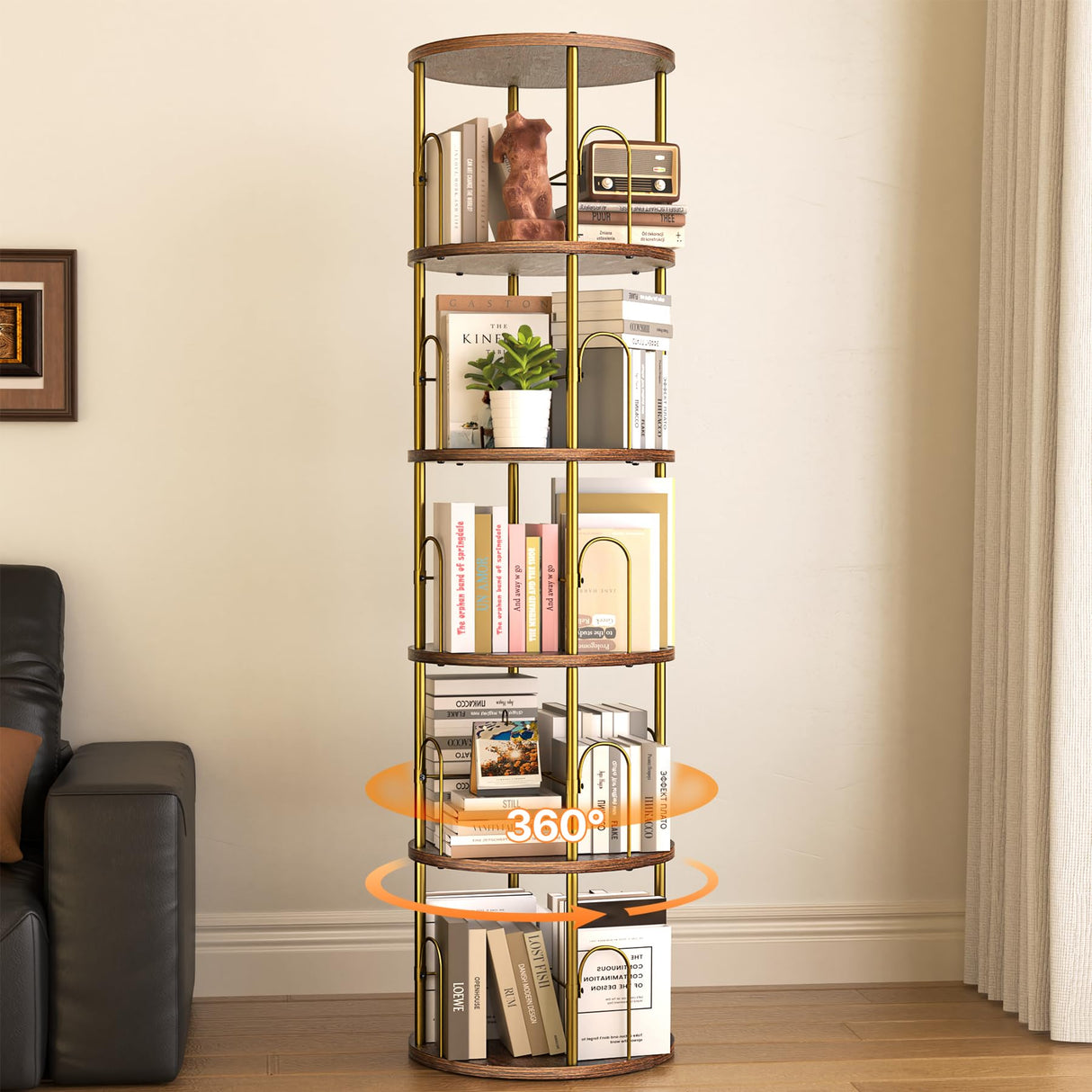 neatevday 5 Tier Rotating Bookshelf, 360° Display Rotating Bookshelf Tower, Tall Spinning Book Shelf, Space Saving Floor Standing Spinning Bookcase for Living Room, Bedroom, Office neatevday