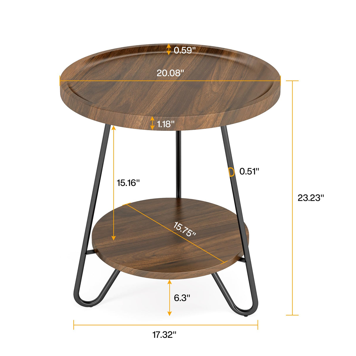 Tribesigns Set of 2 Round Side Table, 2-Tier End Table with Metal Legs, Modern Industrial Beside Table, Small Accent Table Snack Table for Living Room, Bedroom, Small Space, Brown Tribesigns