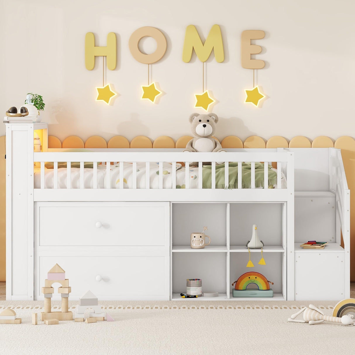 KEIKI Twin Low Loft Bed Frames for Kids with LED, Storage Drawers and Shelves, Solid Pine Wood Platform with Guardrails & Staircase, White KEIKI