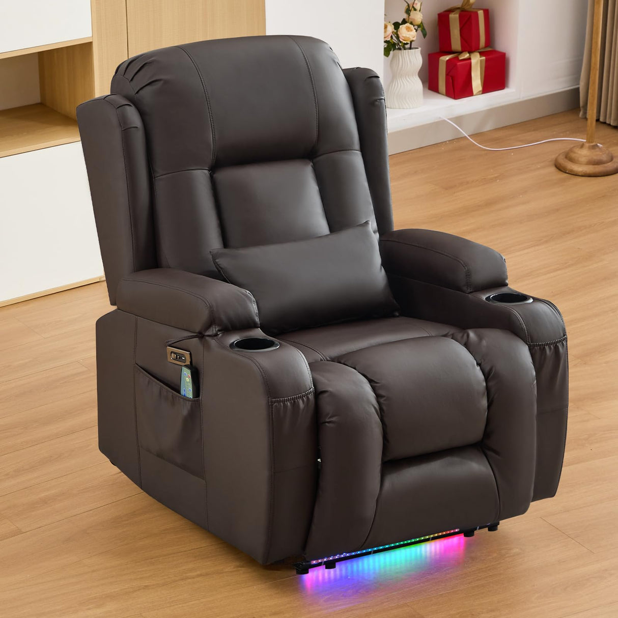 IPKIG Power Recliner Chair for Adults, Wall Hugger RV Recliners with LED Lights/USB Ports/Pillow/Side Pockets, Overstuffed Electric Recliner Sofa Chair for Living Room, Home Theater (1, Brown) IPKIG