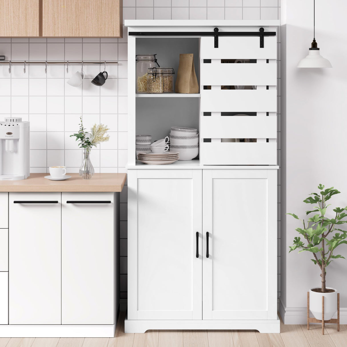 BOTLOG Tall Kitchen Pantry, Large Wood Storage Cabinet with Sliding Barn Door and Adjustable Shelves, Tall Freestanding Cupboard for Dining Room, Living Room, Laundry, White BOTLOG