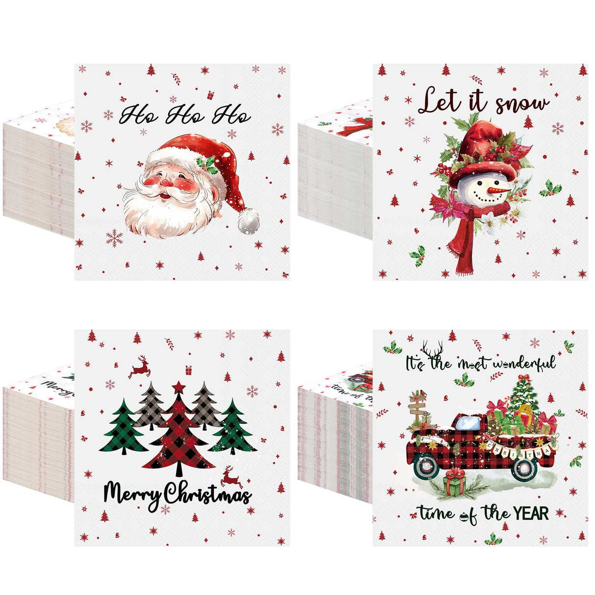 Fulmoon 200 Pcs Christmas Cocktail Paper Napkins Disposable 2 Ply Santa Beverage Napkins Decoupage Xmas Tree Towel for Christmas Party Dinner Table Supplies (Classic Style) Fulmoon
