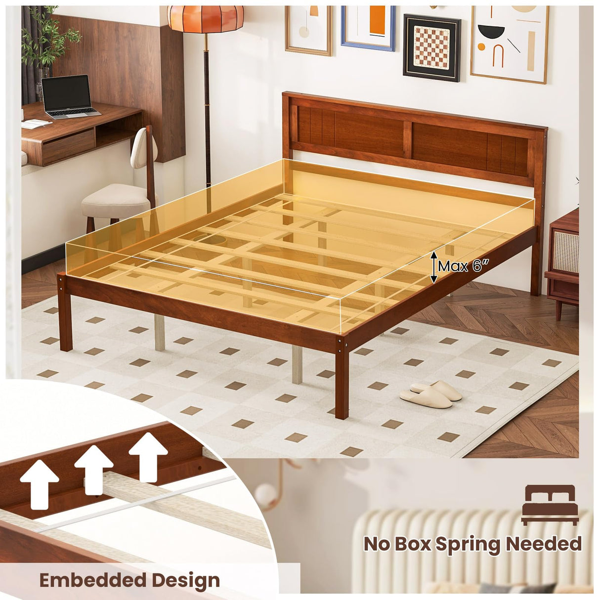 Giantex Queen Wood Platform Bed Frame with Headboard, Mid Century Queen Bed Frame with Wood Slat Support, Solid Wood Foundation with 16" Under Bed Storage, No Box Spring Needed, Easy Assembly Giantex