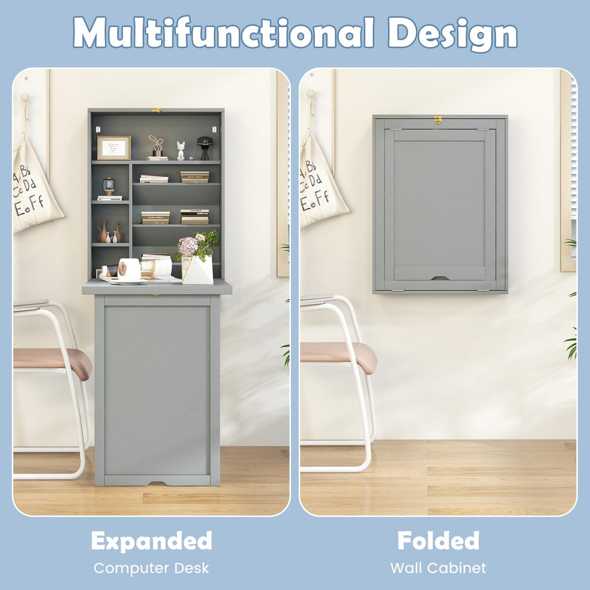 Tangkula Wall Mounted Desk, Fold Out Convertible Floating Desk, Multi-Function Murphy Desk for Home Office, Space Saving Computer Desk Hanging Table with Storage Area Tangkula