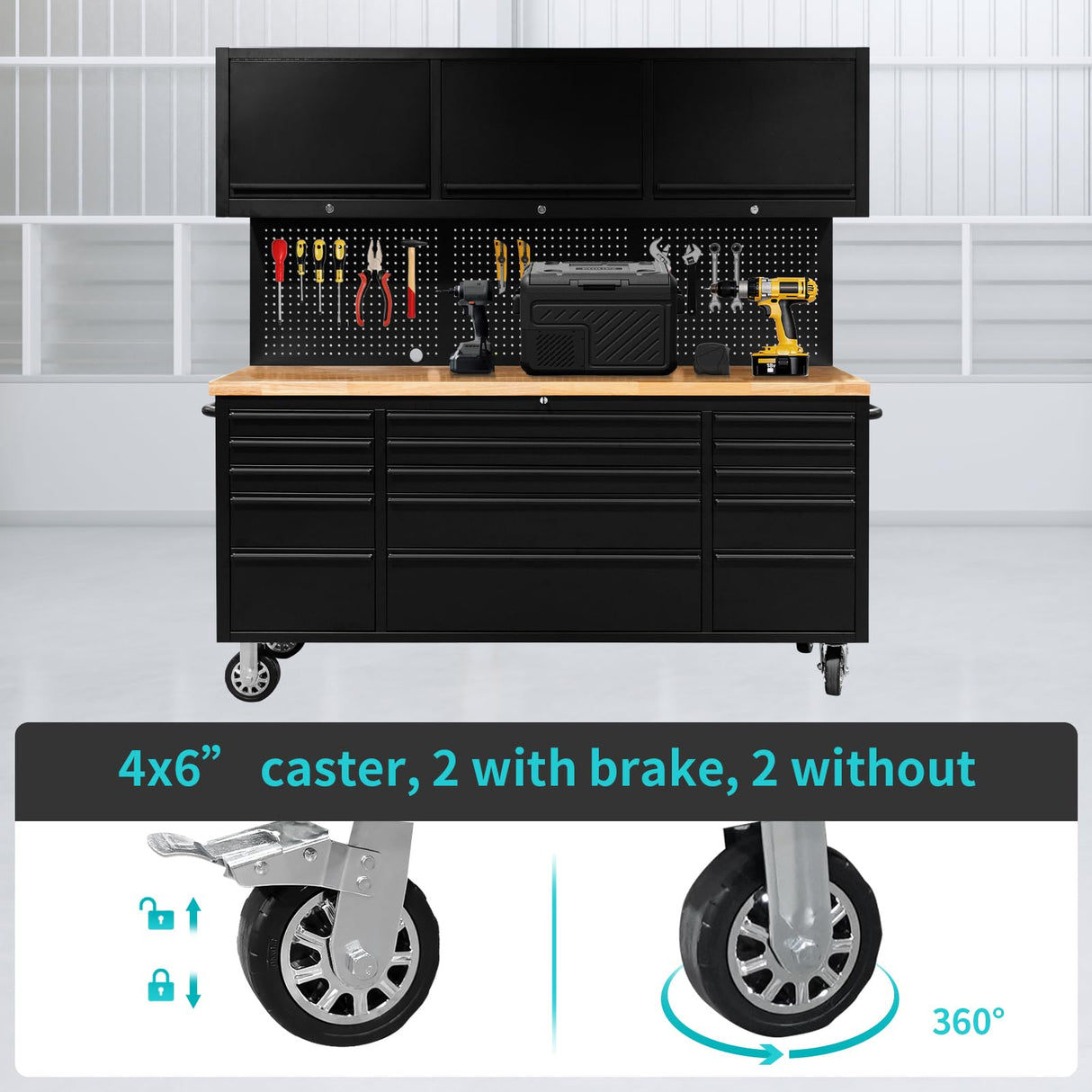 CHETTO 72-inch Tool Chest Rolling Tool Cabinet with 15 Storage Drawers 4 Wheels 3 Upper Cabinet SS-Pegboard Workbench Black CHETTO C