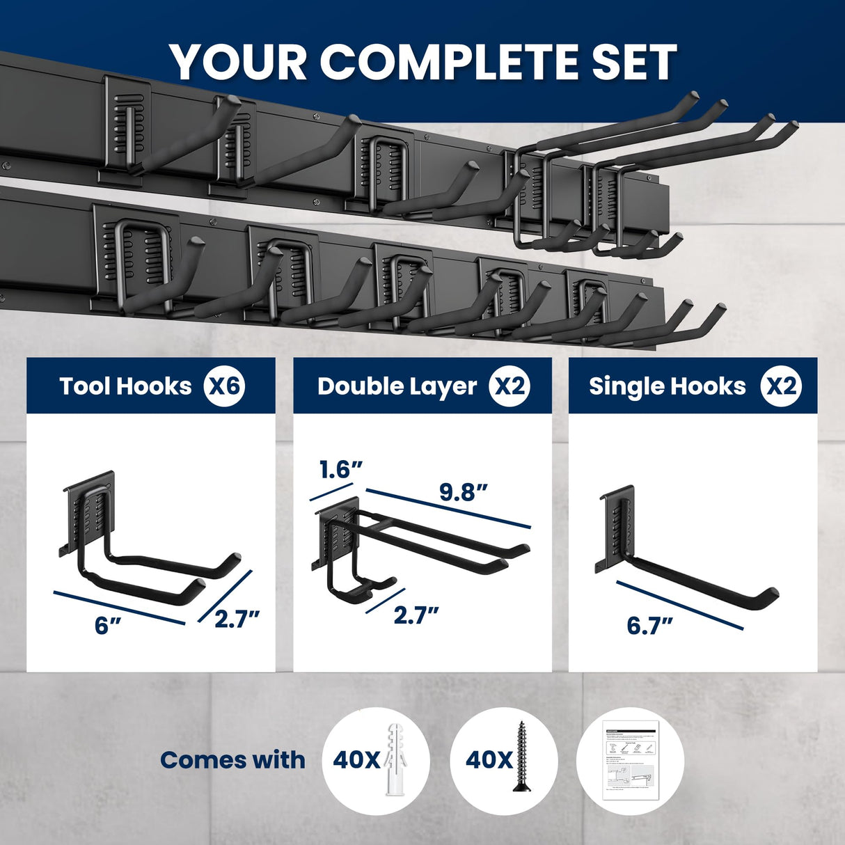SUKIZZ 64'' All-Metal Garage Tool Organizer Wall Mount – Heavy-Duty Tool Rack Holds 680 lbs, Adjustable Hooks for Garage, Yard, and Garden Equipment SUKIZZ