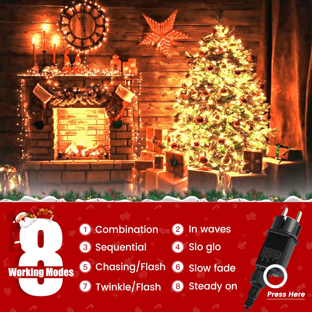 Areker 82ft 1000LED Christmas Lights Outdoor Indoor, Green Wire Christmas String Lights Plug in, Ultra Bright 8 Modes Waterproof Fairy Lights for Xmas Tree Party Wedding Decoration, Warm White Areker