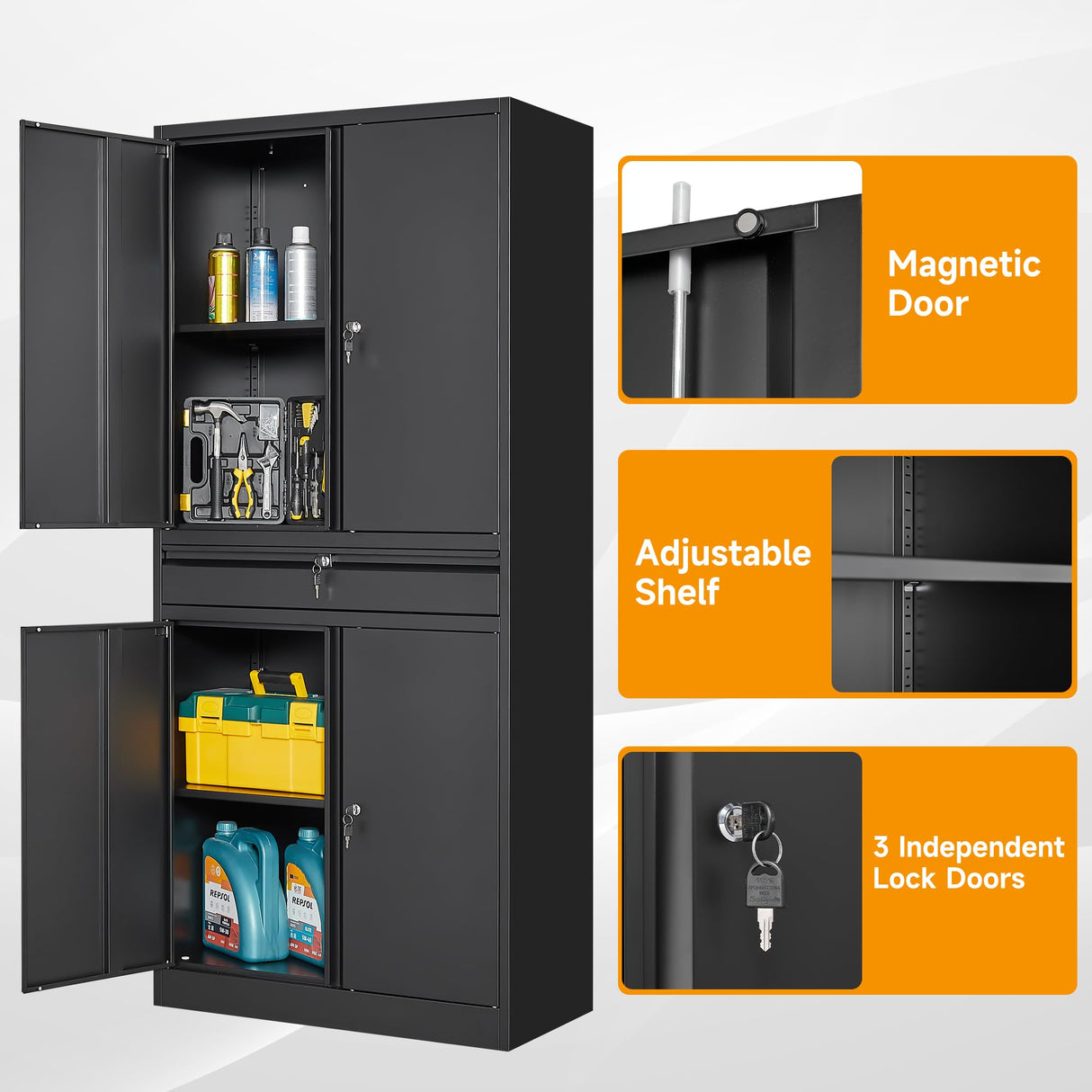 STANI Metal Garage Storage Cabinets with Drawer, 4 Doors Tool Storage Cabinet with 2 Adjustable Shelves, 71"-Lock Steel Locking Cabinet for Garage Utility Room Home Office (Black, 0 Wheel-71 H) STANI