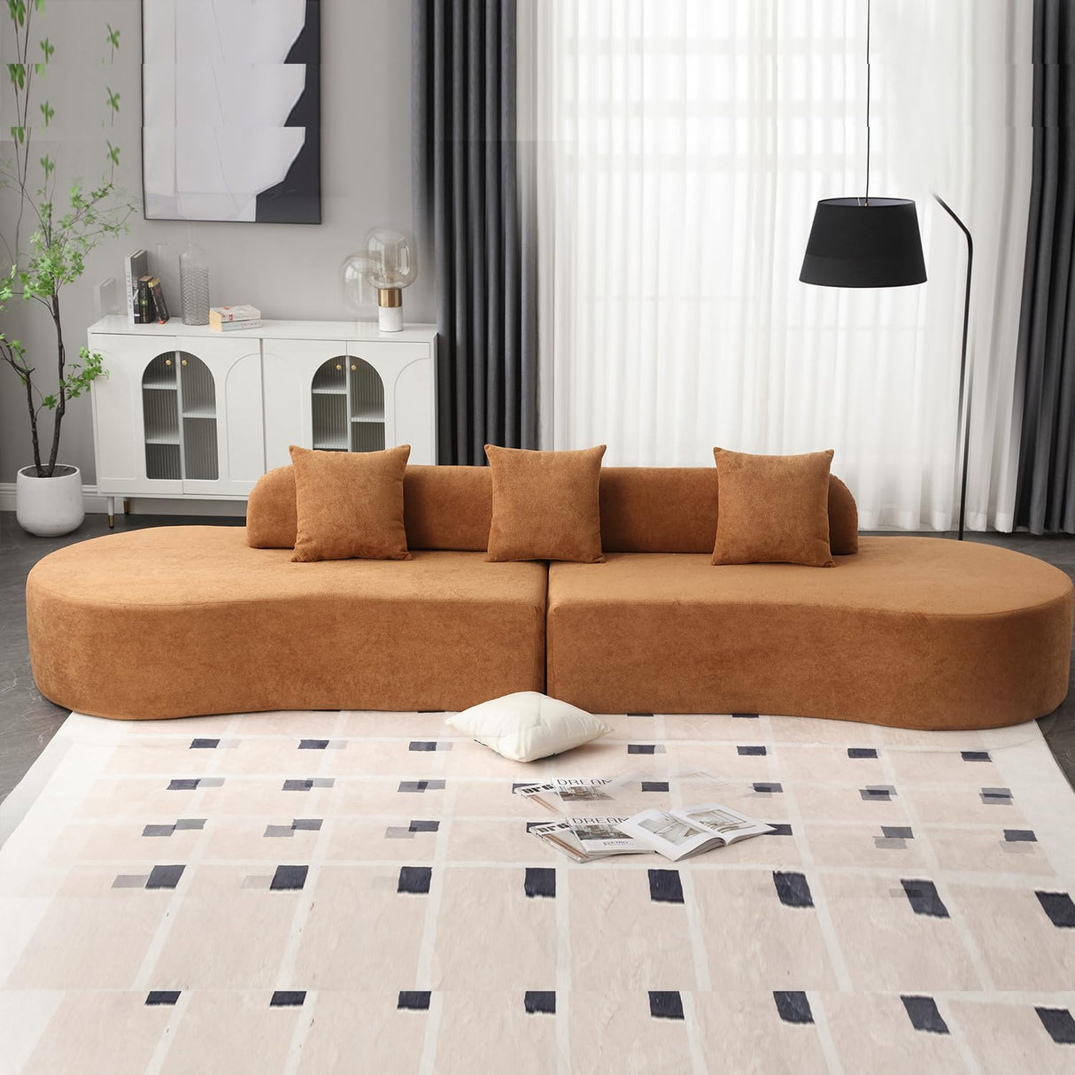 Suheww 130.5” Modern Curved Floor Combination Sofa, Curved Sectional Sofa Couch for Living Room, Deep Seat 4-Seater Oversized Terrycloth Fabric Sofa with 3 Pillows for Apartment Bedroom Office(Brown) Suheww