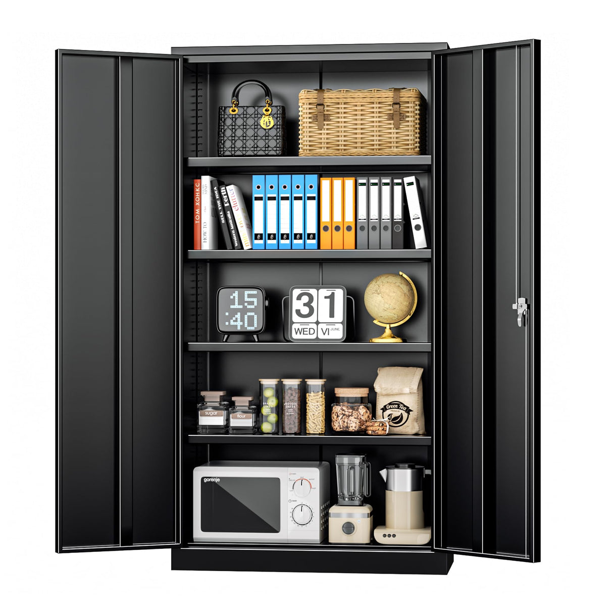 INTERGREAT 72-Inch Metal Storage Cabinet for Garage, Lockable Steel Cabinet with Doors and Adjustable Shelves, Black Locking Storage Unit for Office, Home, Gym, and School. INTERGREAT