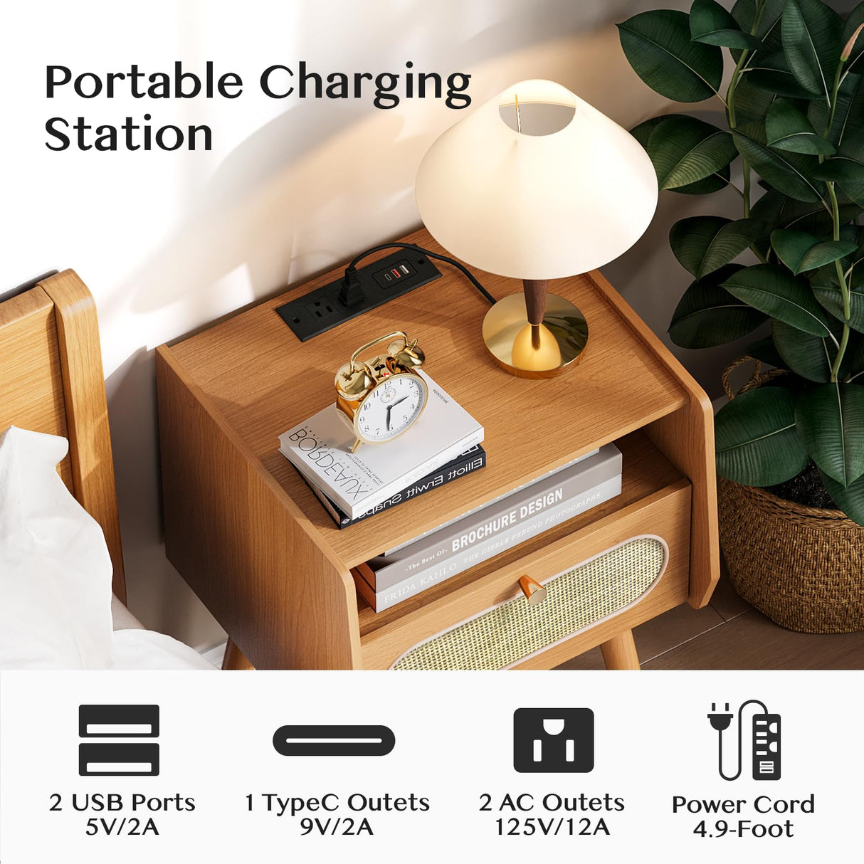 JOINICE Night Stand Set 2, Mid Century Modern Bedside Table with Charging Station & Rattan Decor Drawer, Boho End Table with Storage & Solid Wood Feet for Bedroom, Cherry JOINICE