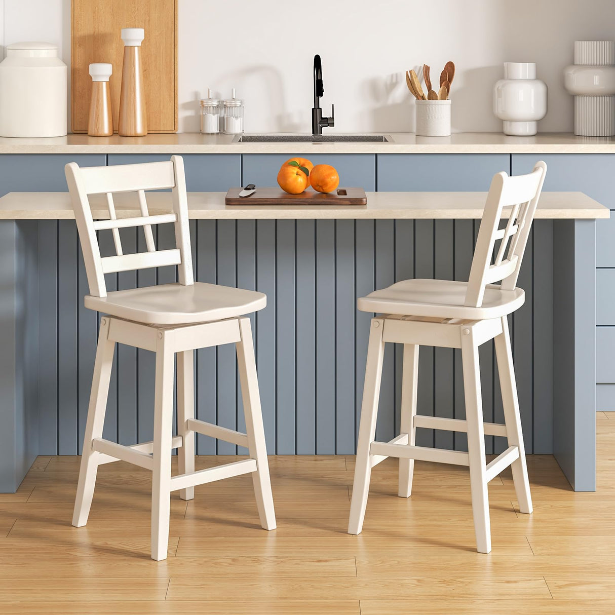 Giantex 24.5" Bar Stools Set of 4, Farmhouse Swivel Barstools with 6-Grid Hollow Back & Ergonomic Contoured Seat, Footrest, Wooden Counter Height Bar Stools for Kitchen Island, Bar, Cafe, White Giantex