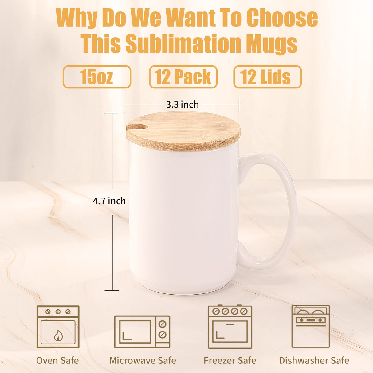 RAINBOWTIE Sublimation Mugs 15 oz Sublimation Mugs Blank with Bamboo Lid White Coffee Mugs Sublimation Coffee Mugs Mug Sets Coffee Cup with Lid Set of 12 RAINBOWTIE