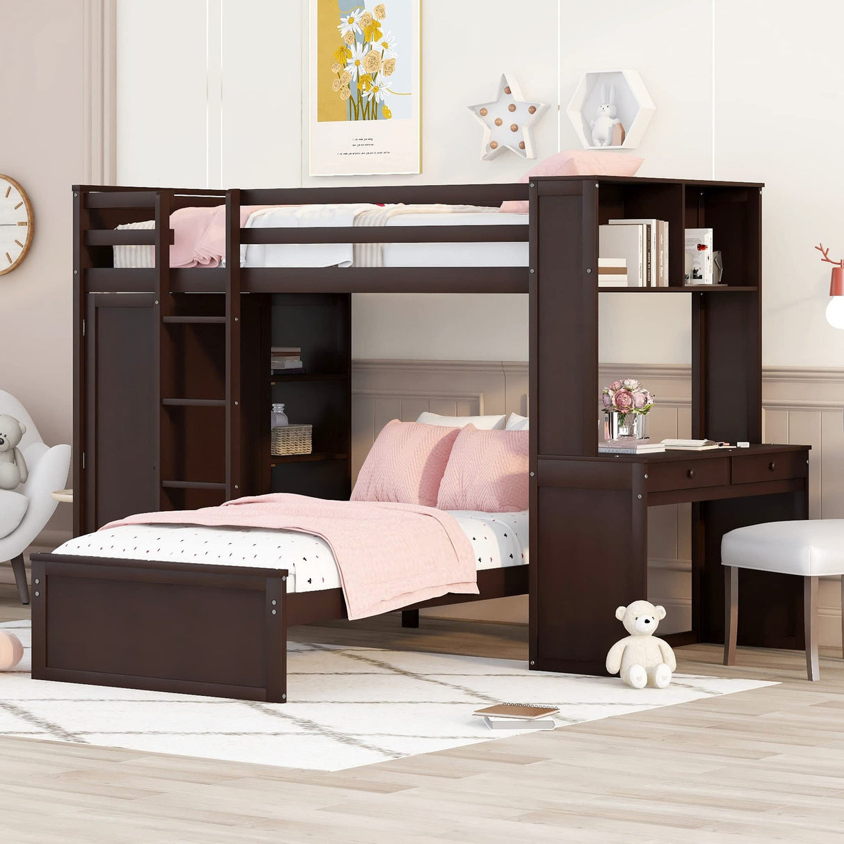 Twin Over Twin Bunk Bed with Storage, Solid Wood Bunk Bed with Shelves, Desk and Wardrobe, Twin Size Loft Bed with a Stand-Alone Bed for Kids Teens Adults (Espresso) Bellemave