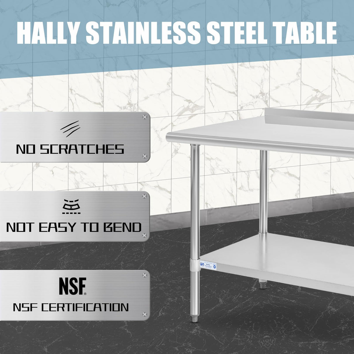 Hally Stainless Steel Table for Prep & Work 30 x 48 Inches, NSF Commercial Heavy Duty Table with Undershelf and Backsplash for Restaurant, Home and Hotel HALLY SINKS & TABLES H