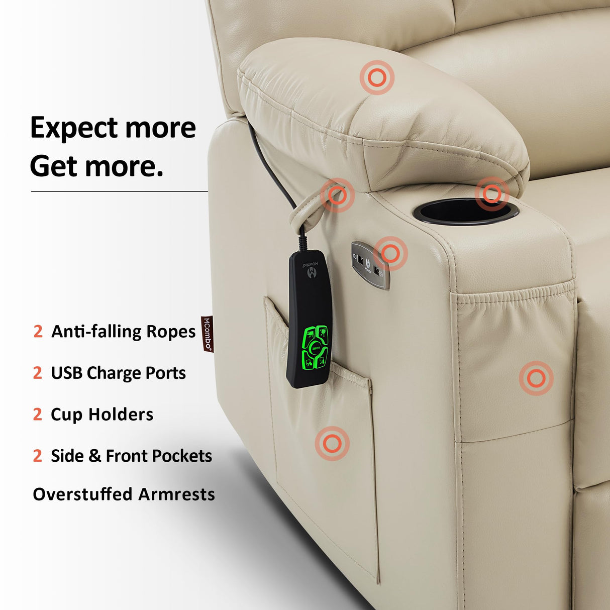 MCombo Oversized Dual Motor Power Lift Recliner Chair Sofa with Massage and Heat for Big Elderly People, Infinite Position, USB Ports, Faux Leather R7677 (Beige, Medium-Oversize) MCombo