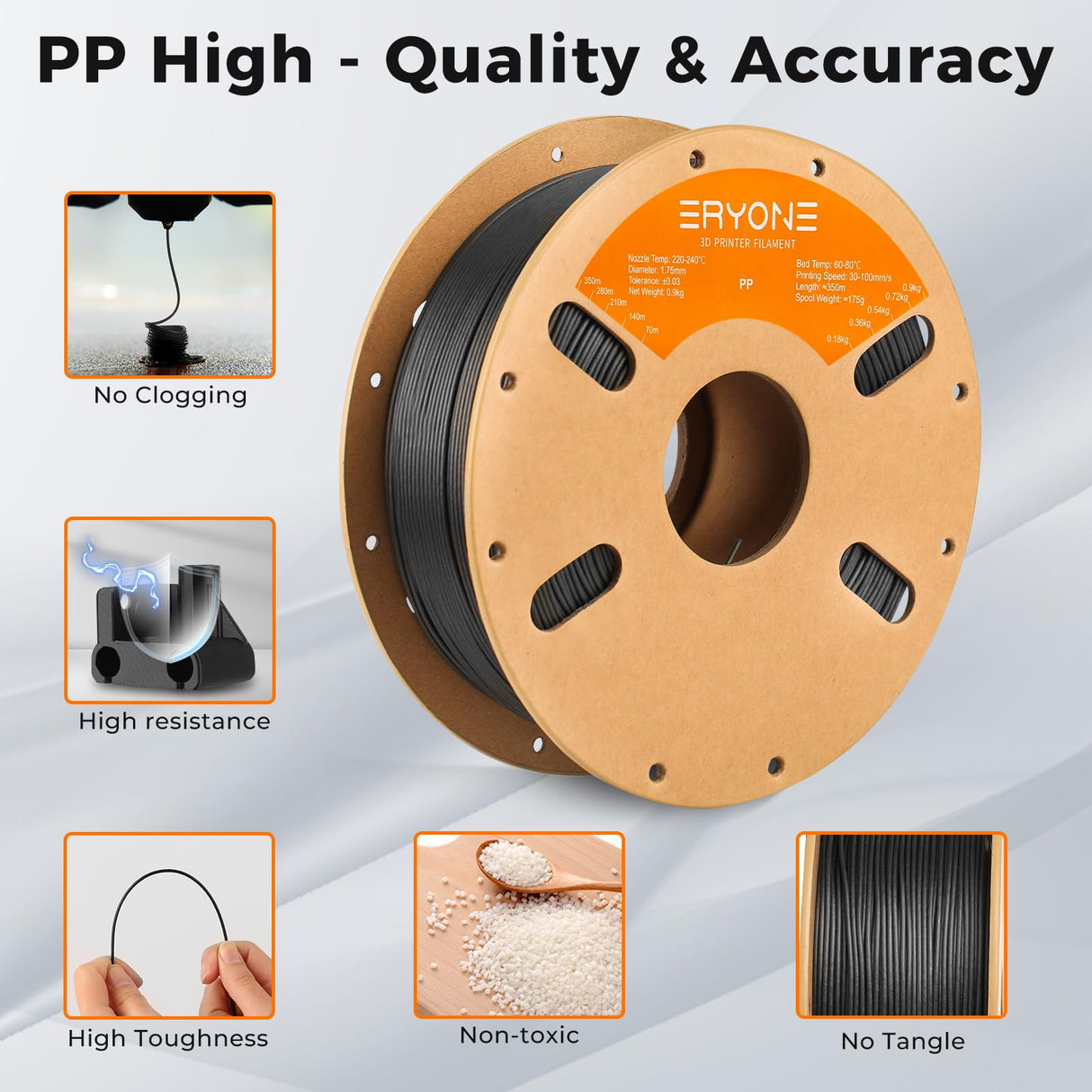 ERYONE Polypropylene Filament 1.75mm +/-0.03mm for 3D Printer, 3D Printing Filament PP 900g/Spool, Black ERYONE