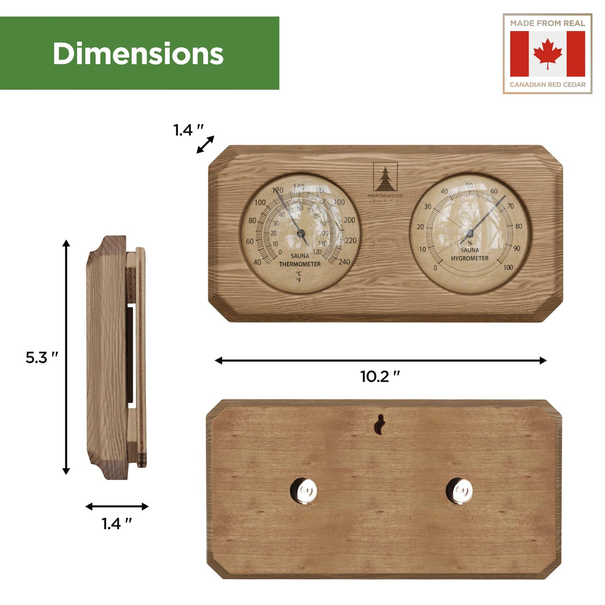 Northwood Sauna - Sauna Thermometer & Hygrometer 2 in 1 - Handmade from Canadian Red Cedar Wood - Luxurious Glass and Golden Metal Dials Northwood Sauna