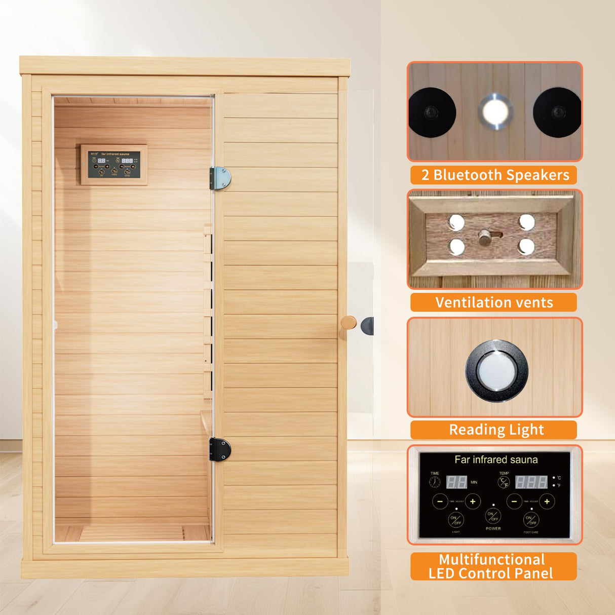 Infrared Wooden Sauna 1 Person Infrared Saunas for Home Dry Sauna for Home, Low Emf Infrared Sauna 1050W Indoor Saunas for The Home, Bluetooth Speakers, Reading Lamps, Room:63 * 28.74 * 36.61Inch KOOZONEGM