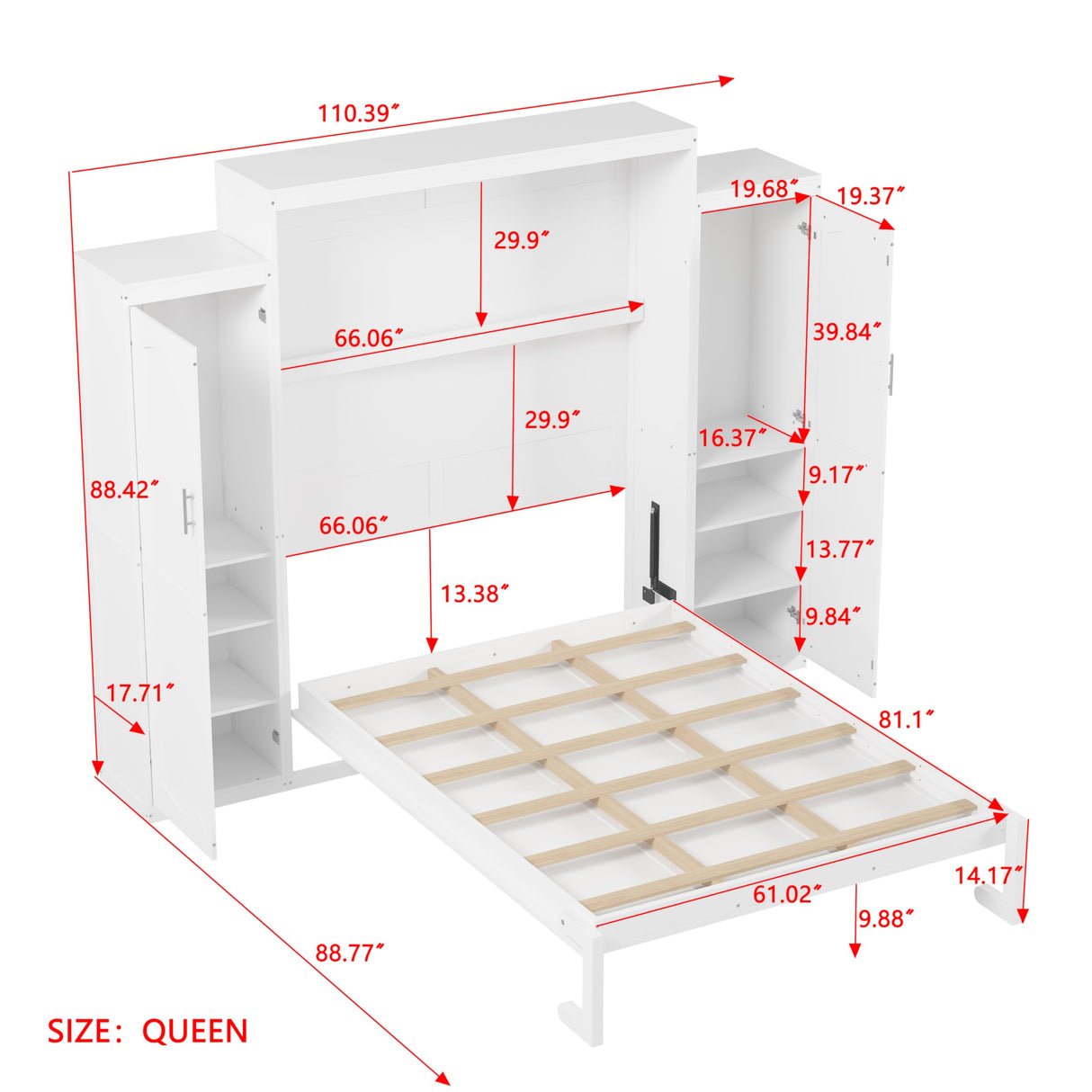 Merax Queen Size Wood Murphy Bed, with 2 Wardrobe and Storage Shelf, Multifunctional Foldable Wall Platform Bedframe for Guest-Room, Bedroom, White Merax