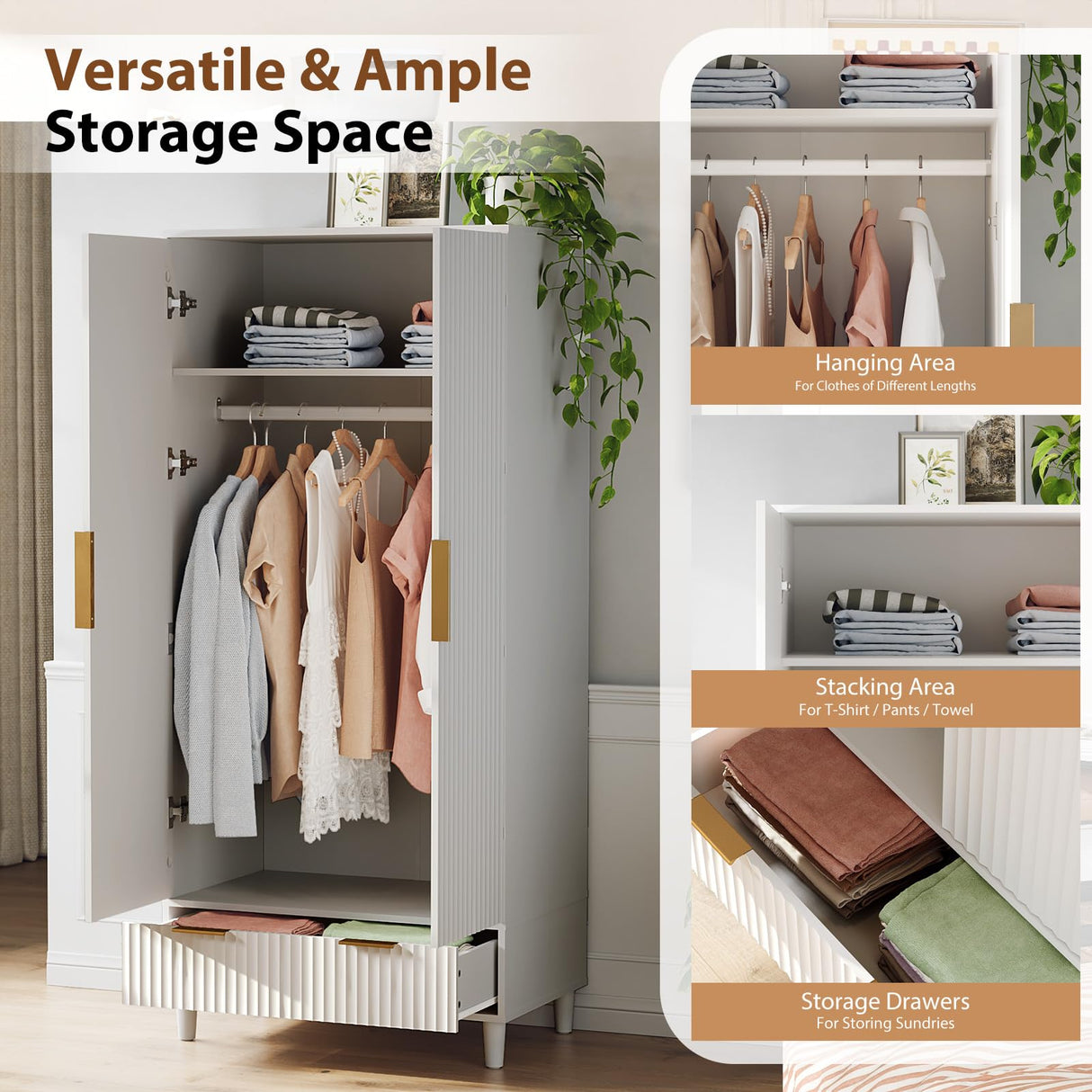 VINGLI Fluted Wardrobe Closet Armoire with Doors And Drawers, White Wardrobe Cabinet with Hanging Rack, Bedroom Closet Wood, Free Standing Armoire with Shelf and Solid Wood Legs, 31.5"W*19.7"D*69.3"H VINGLI