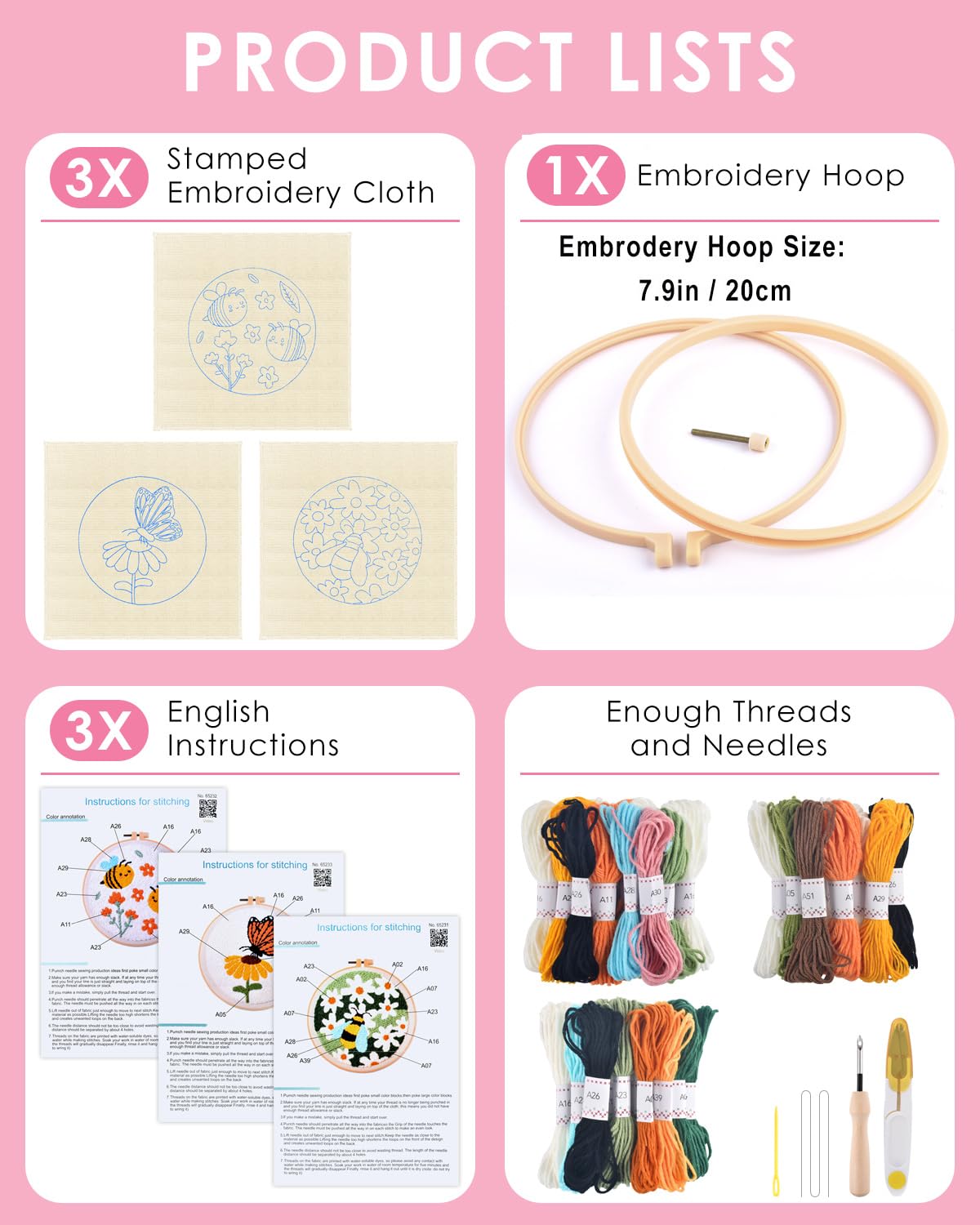 TINDTOP 3 Sets Punch Needle Kits, Flowers Punch Embroidery Kits for Adults Beginner, Tool with Punch Needle Fabric, Hoops, Yarns and Sewing Needles TINDTOP