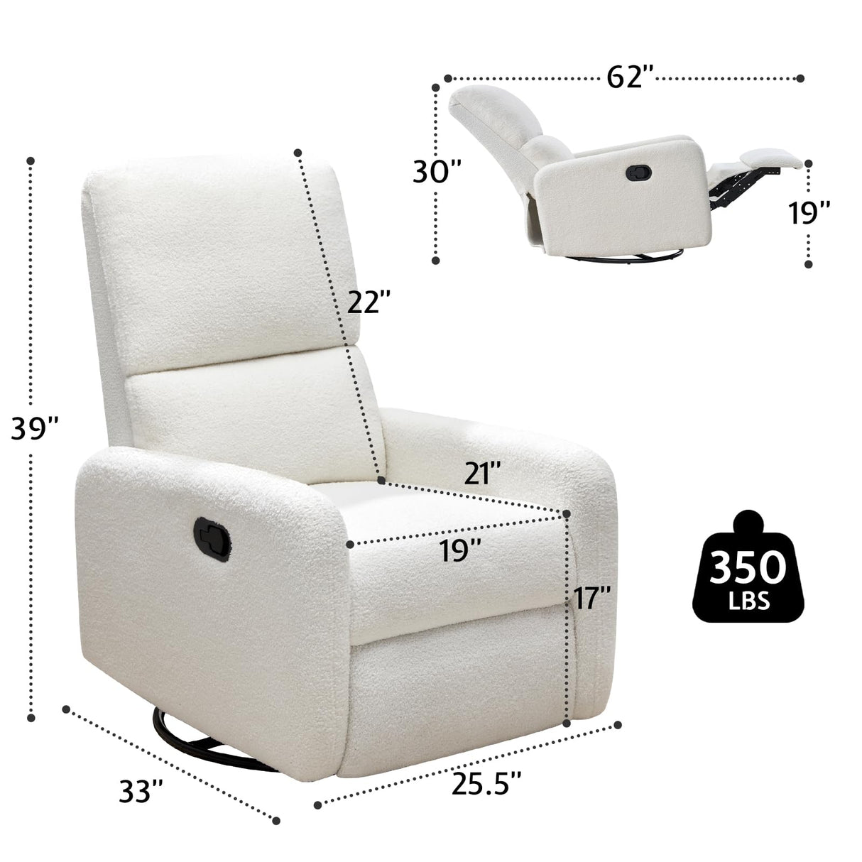 Jocisland Swivel Glider Rocking Recliner Chair for Adults, Nursery Rocker Reclining, Comfy Upholstered Single Sofa Armchair for Living Room Bedroom Nursing,Teddy White Jocisland