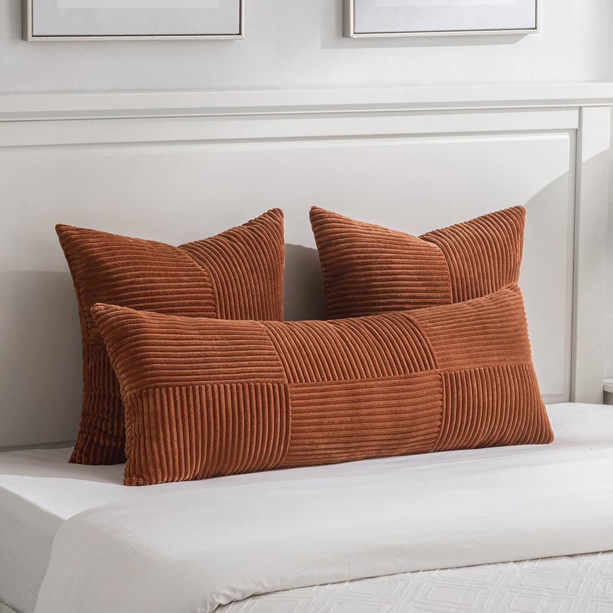 Fancy Homi 2 Packs Rust Boho Decorative Throw Pillow Covers 18x18 Inch for Couch Bed Sofa, Farmhouse Fall Home Decor, Soft Corss Corduroy Patchwork Textured Terracotta Accent Cushion Case 45x45 cm Fancy Homi
