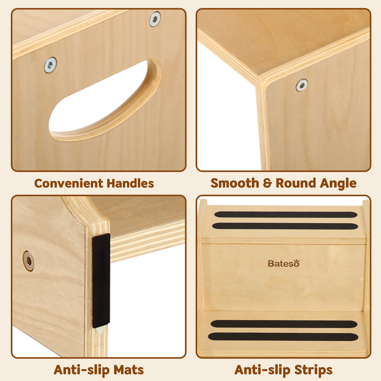 Bateso Step Stool for Kids, Wooden Toddler Step Stool for Bathroom Sink with Safety Anti-Slip Mat and Strip, Assembly Easily, Sturdy Kid Step Stool for Brushing Teeth, Kitchen, Toilet Potty Training Bateso