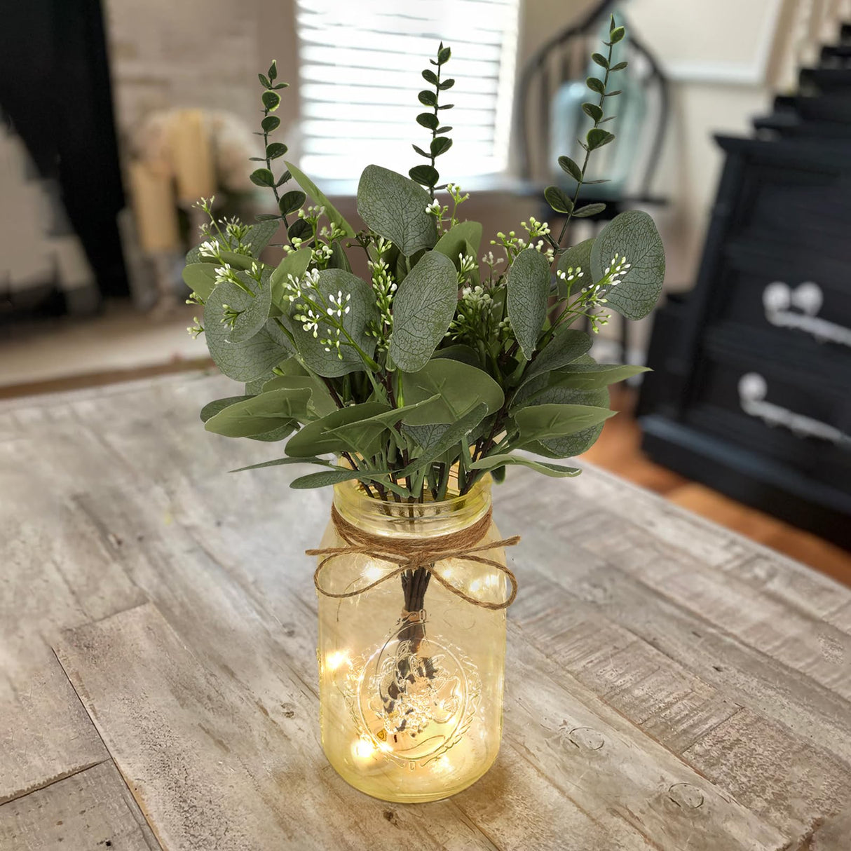Lighted Mason Jar Centerpiece Set of 3 Eucalyptus Plant Decorative Jars Vase Farmhouse Table Decorations for Home Living Dining Room Wedding Christmas Thanksgiving Party ysnn