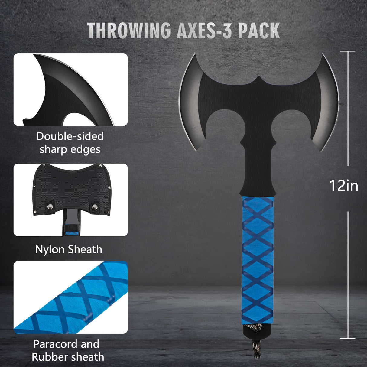 Throwing Axes and Tomahawks Double Sided Set,10 inch Full Tang Stainless Steel,Protective Nylon Sheath,Throwing Hatchet for Competition and Recreation,Throwing Axe 3 Pack WLQiu