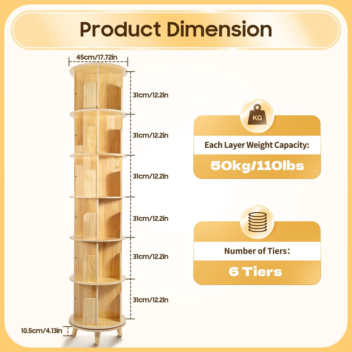 HAOREBAIYU 6-Tier Rotating Pine Wood Bookshelf - Multi-Functional 360° Revolving Storage Rack for Home & Office HAOREBAIYU