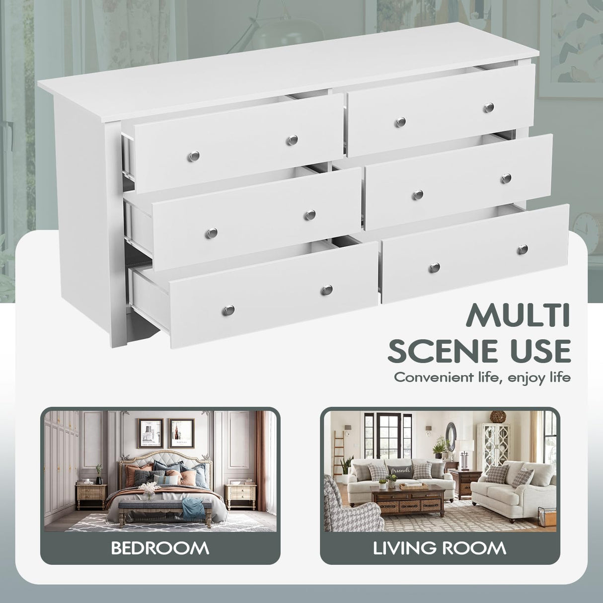 YESHOMY Dresser with 6 Drawer, Wood Wide Chest Storage Organizer and TV Stand for Living Room, Hallway, Dormitory, White YESHOMY