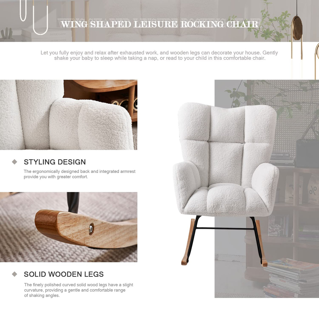 Ugijei Nursery Rocking Chair, Teddy Upholstered Glider Rocker with High Backrest Armchair, Modern Rocking Accent Chairs for Nursery, Living Room, Bedroom, Offices (Ivory) Ugijei