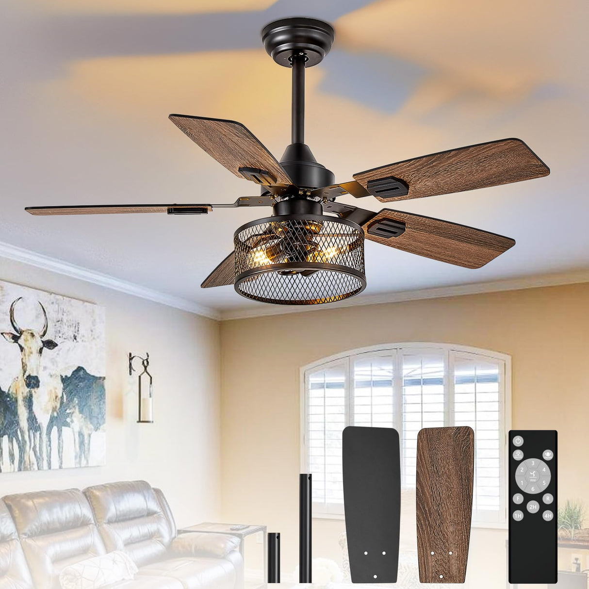 Depuley 42-Inch Ceiling Fans with Lights: Caged Ceiling Fans Dual Finish 5 Blades - Rustic Ceiling Fan with Remote Control for Industrial Living Room Outdoor Patio (E26 Bulb Included) Depuley