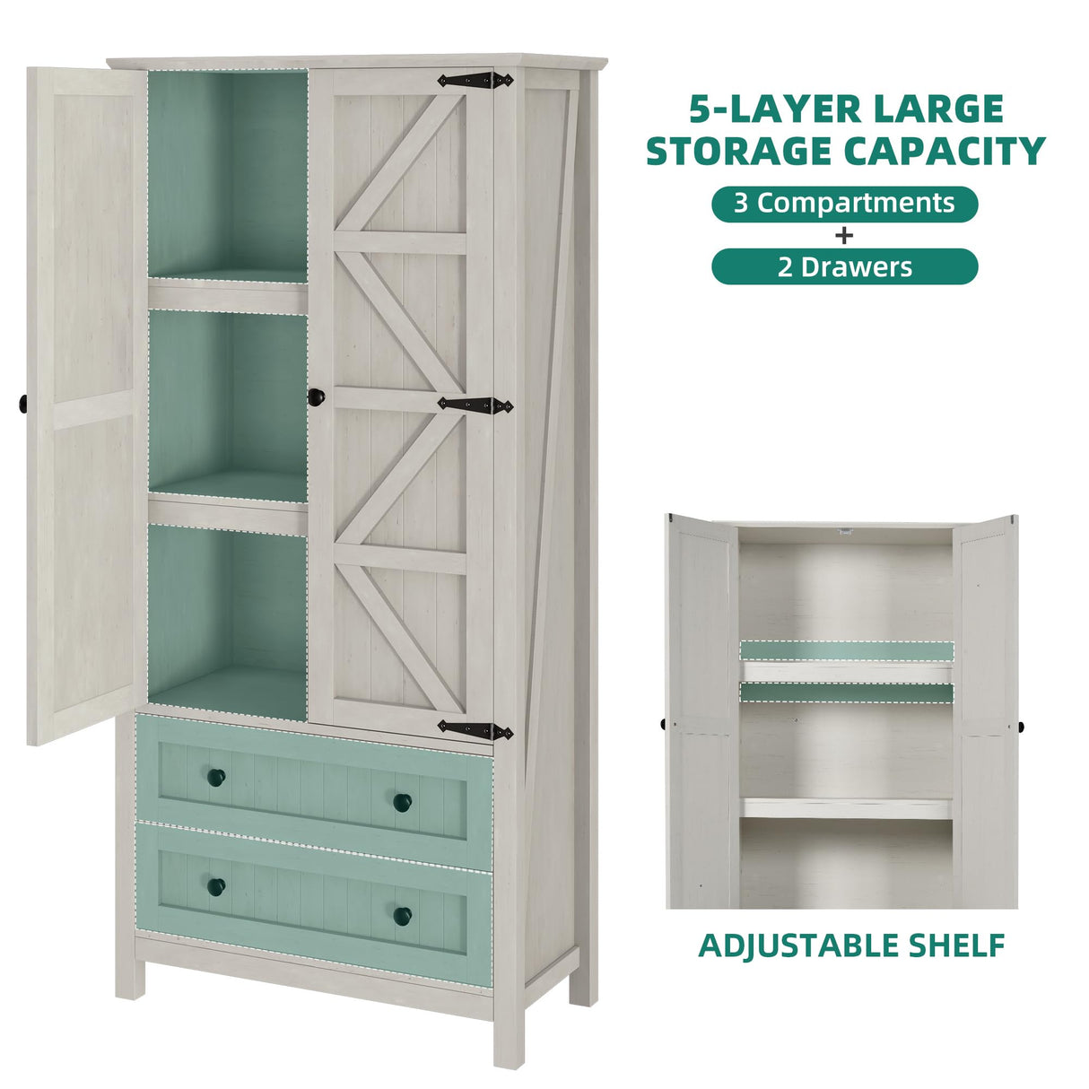 YITAHOME Farmhouse Kitchen Pantry Cabinet, 64.5" Tall Storage Cabinet with 2 Drawers & Adjustable Shelves, Ideal for Kitchen, Living Room, or Entryway, White YITAHOME